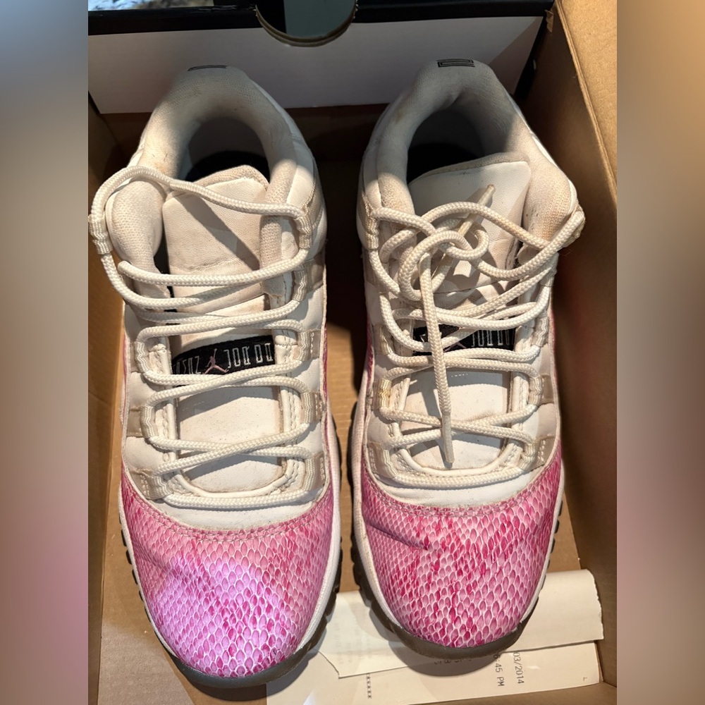 Jordan Women’s White and Pink Low-Top Sneakers with Snakeskin Toe